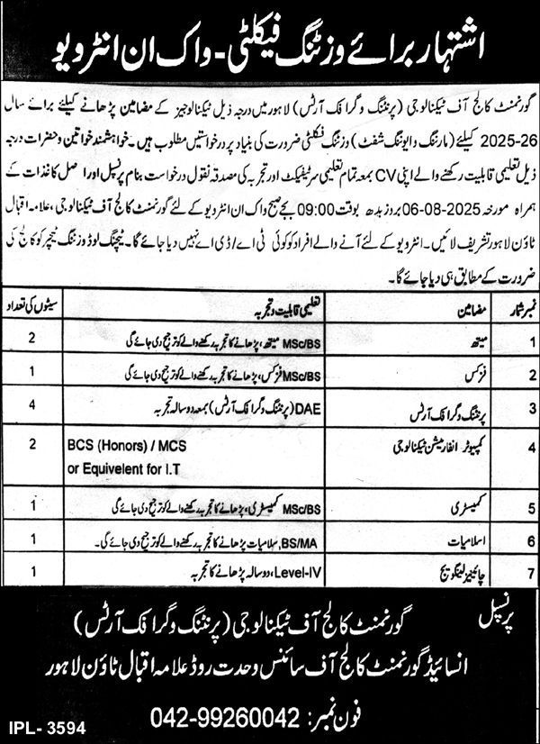 Jobs in Govt College of Technology Lahore